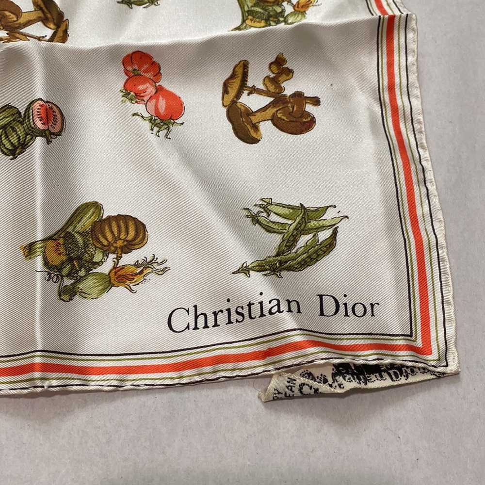 Dior Cream Silk Scarf with Red and Green Botanical Motif - Picture 2 of 10
